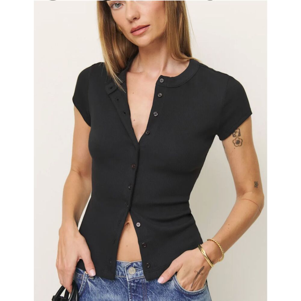 Reformation Raelynn Knit Top, Black,2X/3X, Ribbed Button Front Tee NWOT